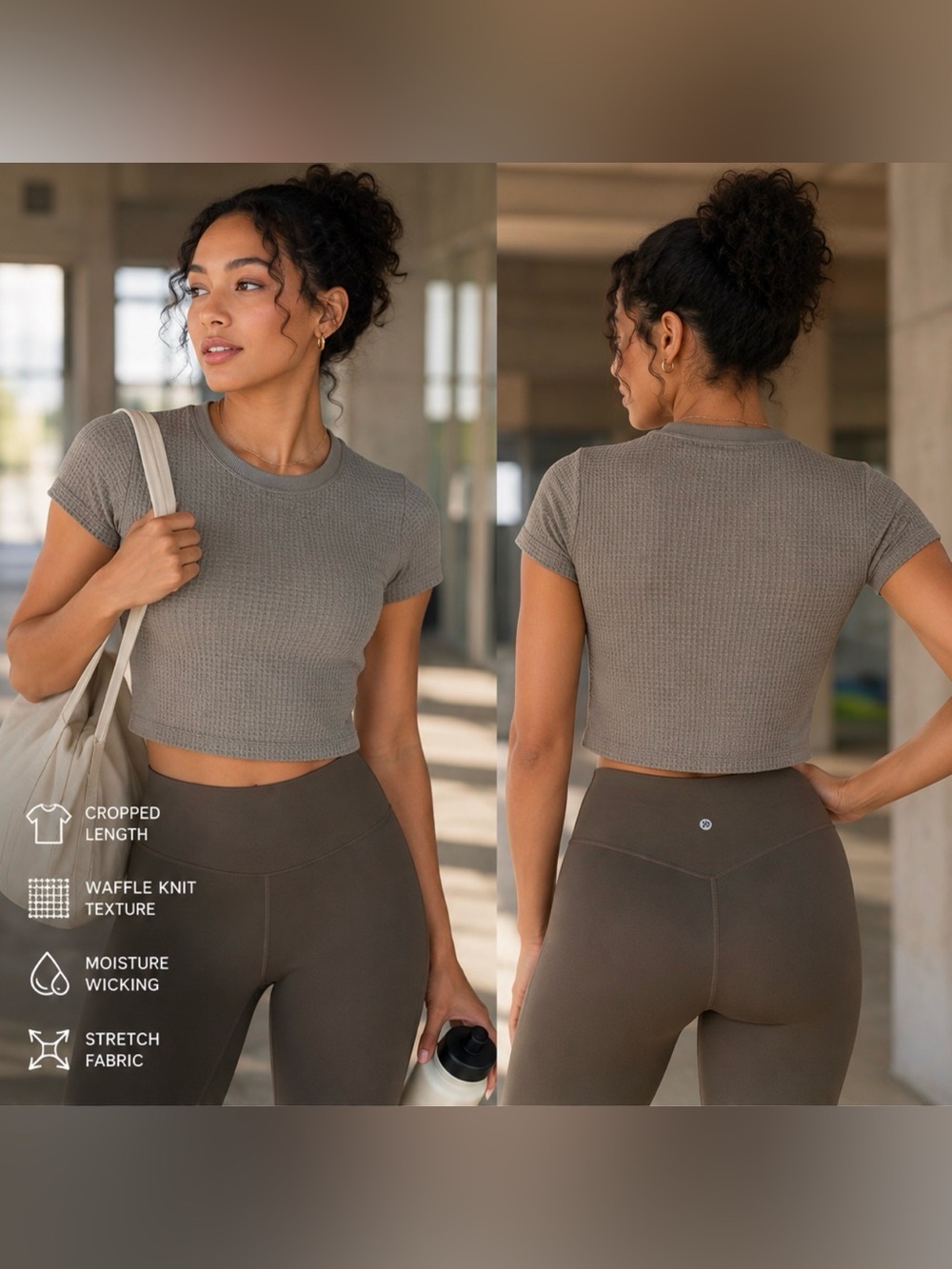 NWT All in Motion Seamless Waffle Knit Cropped Baby Tee Taupe Brown Medium